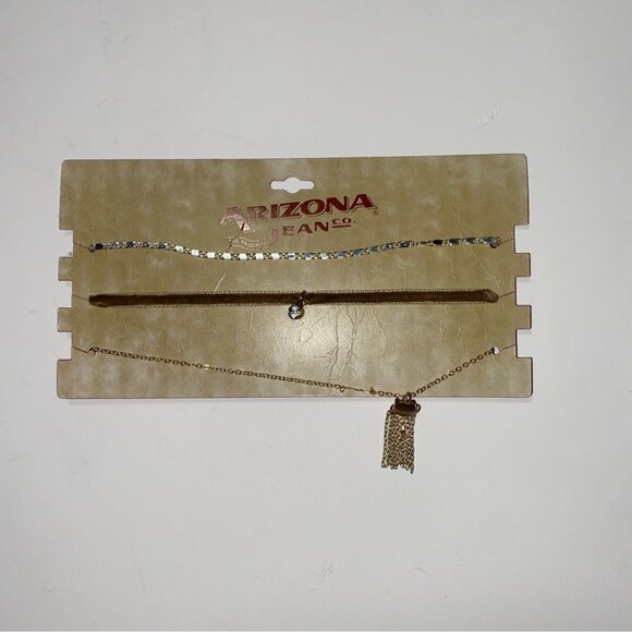 Arizona Jean Co 3 Pc Anklet Set Gold Tone & Rhinestone Multilayer Chains & Charm - Picture 4 of 5